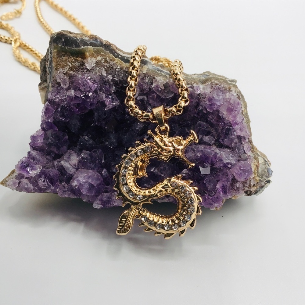 Dragon Necklace Double Rope Chain Rhinestone Asian Pendant Gold Tone 9” Jewelry